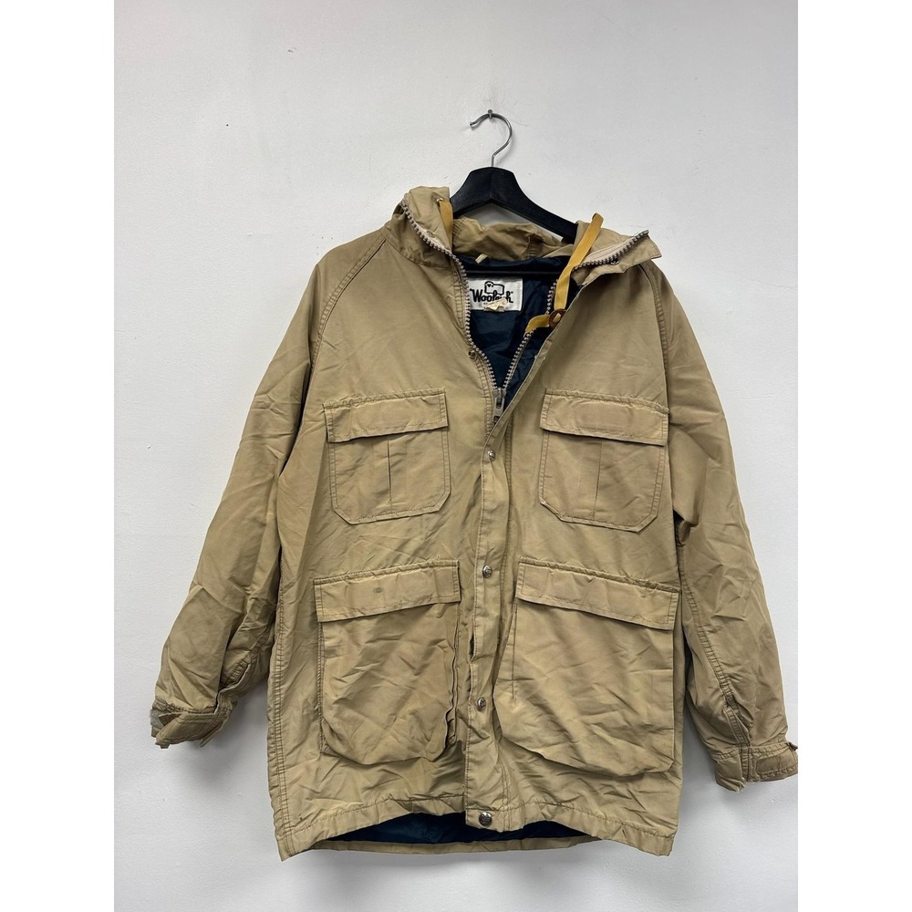 Woolrich Jacket‎ Mens Large Tan Hooded Parka Canvas Utility Pockets Outdoor 80s